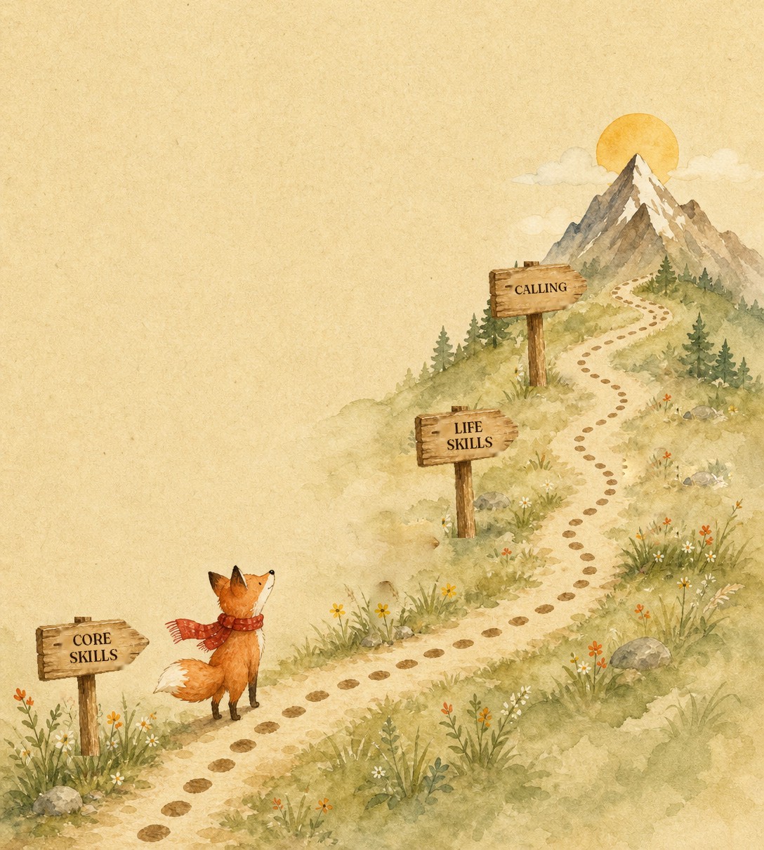 A fox at the trailhead looking up a winding path past three trail signs — Core Skills, Life Skills, and Calling — to a sunlit mountain peak